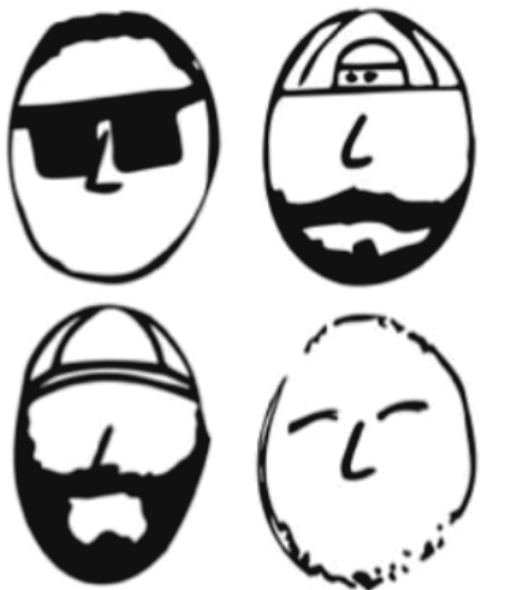 The Just Real Dads mark: four hand-drawn faces, one for each host